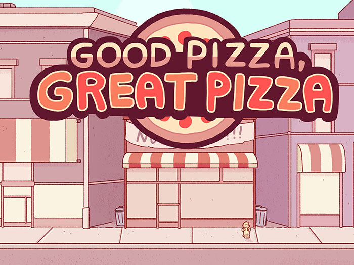 Good Pizza Great Pizza mobile game storefront with a large pizza sign and cartoon-style buildings in background