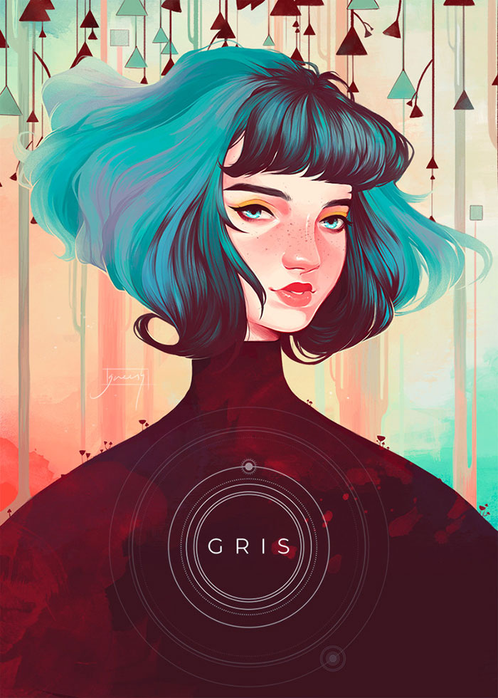 Digital artwork of a woman with teal hair and colorful makeup, representing one of the really good mobile games to download.
