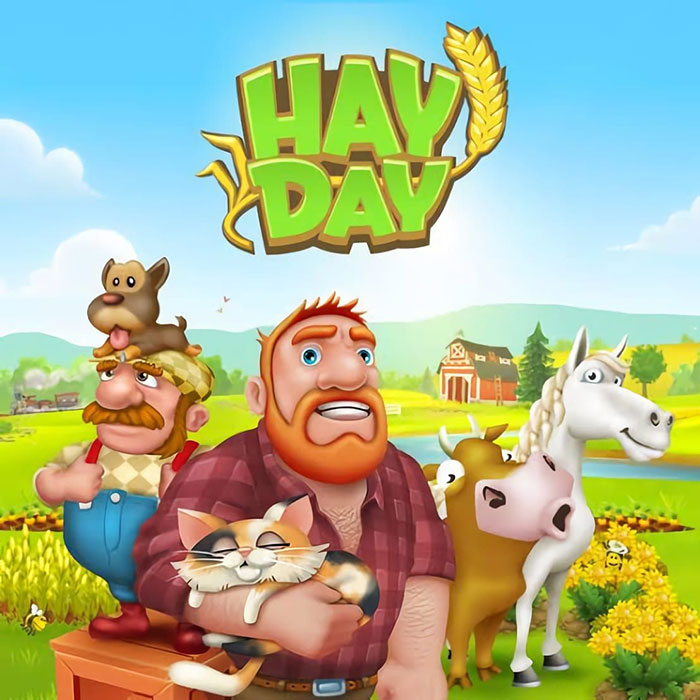 Hay Day mobile game characters with a farmer, animals, and a vibrant farm landscape in the background.