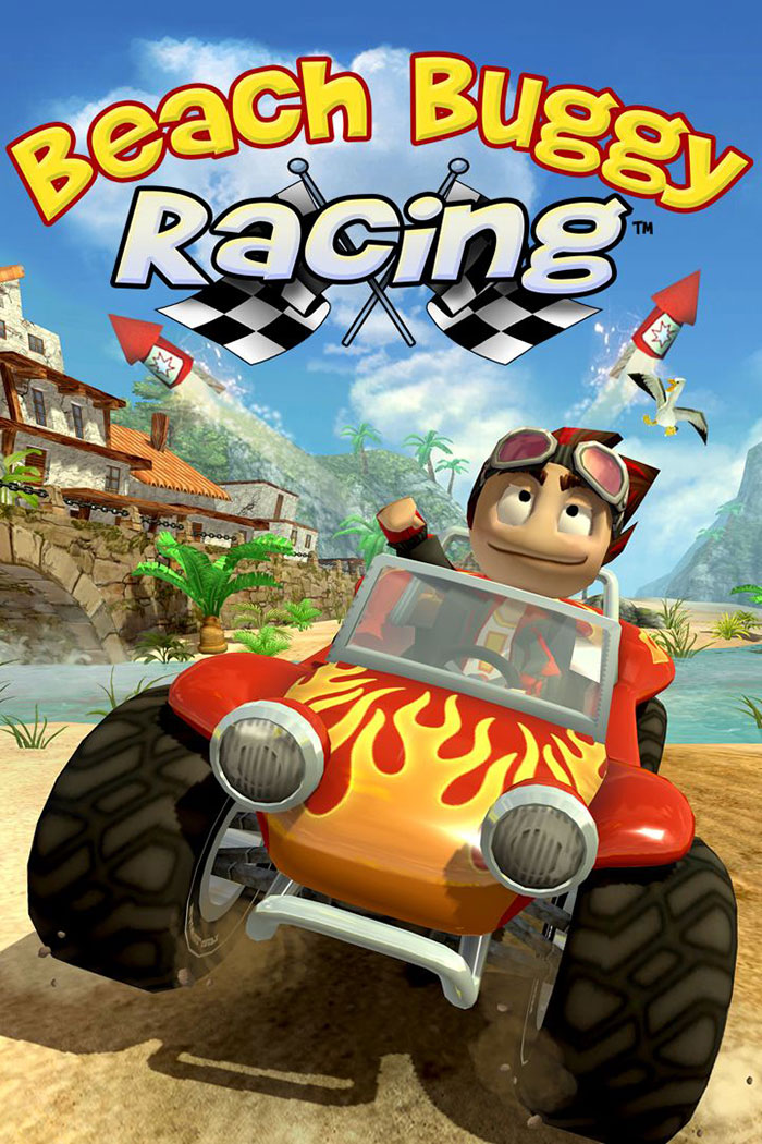 Beach buggy racing game with a character driving a flame-patterned dune buggy on a sandy tropical track, mobile games concept.