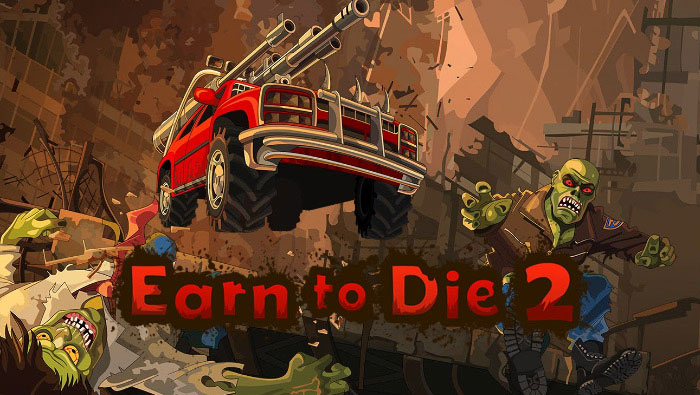 Red truck jumping over zombies in a post-apocalyptic setting from a popular really good mobile game.