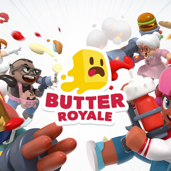 Colorful Butter Royale mobile game characters in a chaotic food fight, showcasing fun and engaging gameplay action elements.