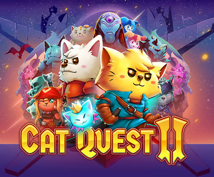 Cat Quest II characters in a vibrant fantasy setting, showcasing popular mobile games for download right now.