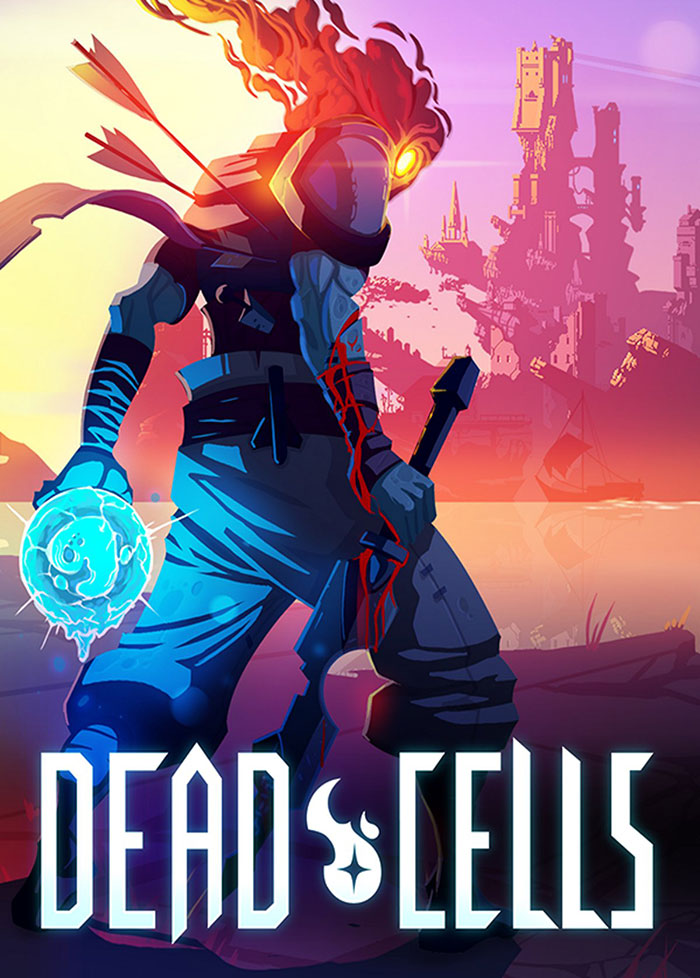 Character from Dead Cells game holding a glowing orb and sword with a castle in the background for mobile games download.