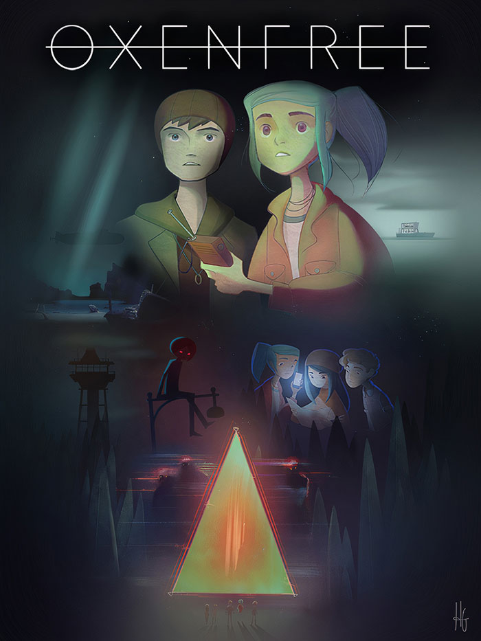 Characters from Oxenfree mobile game with eerie atmosphere and glowing triangular portal in a dark forest setting.