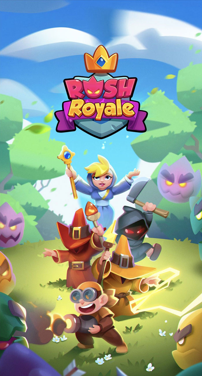Colorful Rush Royale mobile game characters in a fantasy forest setting battling magical enemies.