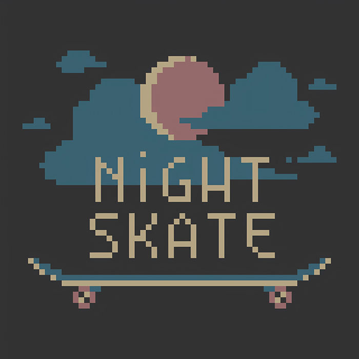Pixel art logo for Night Skate mobile game with a moon, clouds, and a skateboard on a dark background.