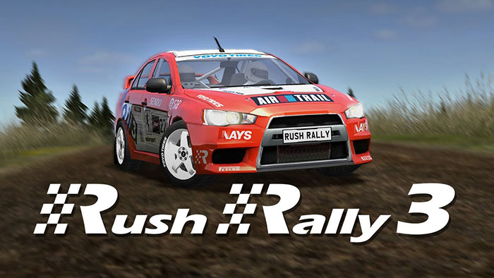 Red rally car racing on dirt track in Rush Rally 3, featured among really good mobile games to download now.