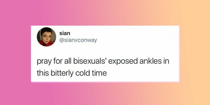 LGBTQ+ meme about bisexuals' exposed ankles in cold weather on a pink and orange gradient background.