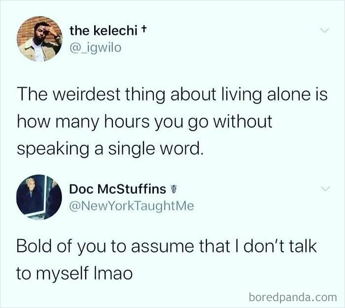 Text conversation meme about living alone and talking to oneself, highlighting relatable humor from Introvert Nation.