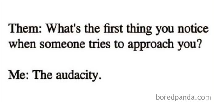 Text meme from Introvert Nation reading them what’s the first thing you notice when someone tries to approach you me the audacity.