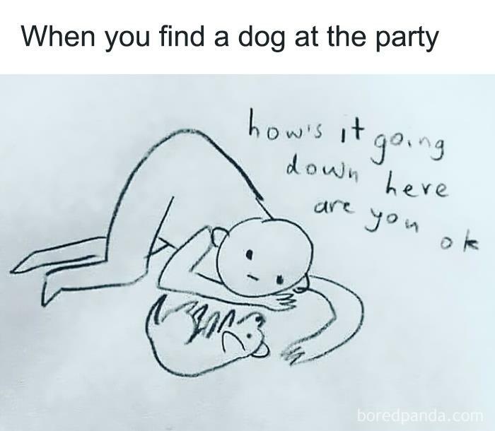 Simple line drawing of a person lying on the floor talking to a dog, relatable introvert nation meme.