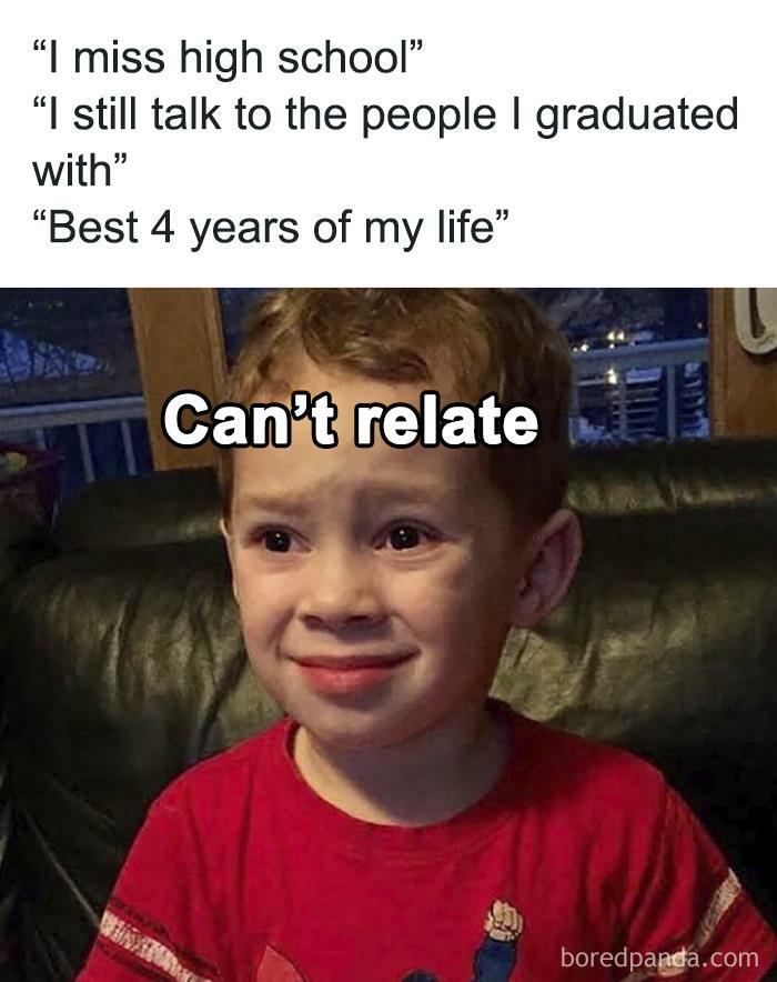 Young boy with a confused expression and text overlay saying Can't relate, highlighting introvert nation humor.