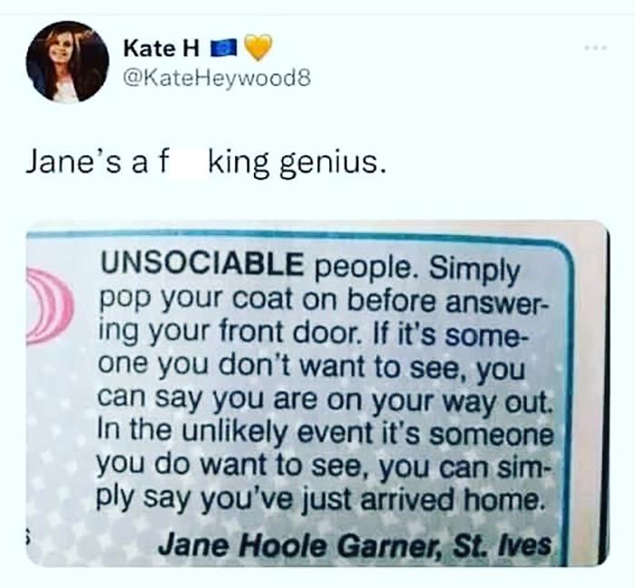 Introvert Nation meme humor about handling unsociable people at the front door with clever tactics.