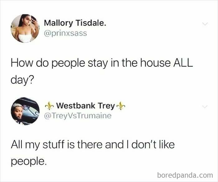 Introvert Nation meme showing a humorous tweet about staying home because all belongings are there and dislike of people.