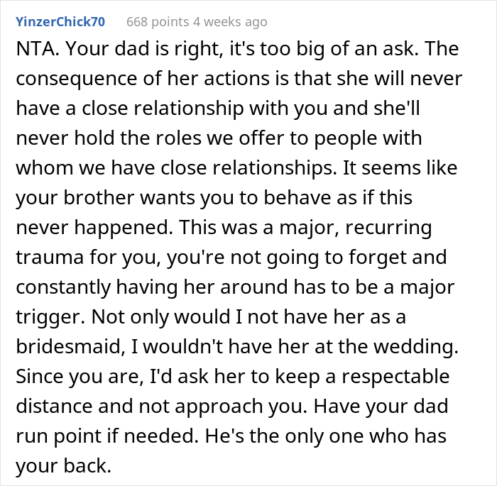 Woman Upset She Doesn't Get To Do Anything Special In Husband's Sister's Wedding, Despite Her Being A Huge Bully To Sister Back In The Day Woman Upset She Doesn't Get To Do Anything Special In Husband's Sister's Wedding, Despite Her Being A Huge Bully To Sister Back In The Day
