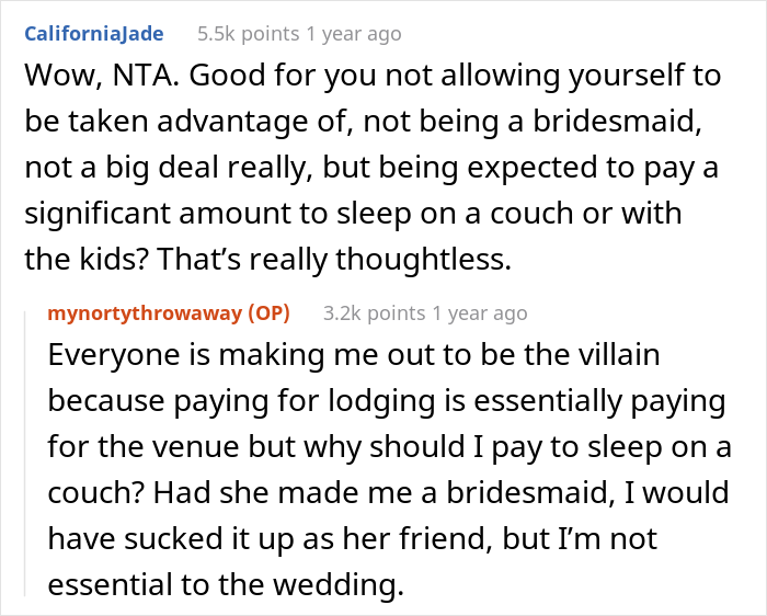 Woman Is Not Given Bridesmaid Duties And Has To Sleep On The Couch At Friend&rsquo;s Wedding So She Asks If She&rsquo;s Right For Not Wanting To Pay For Lodging