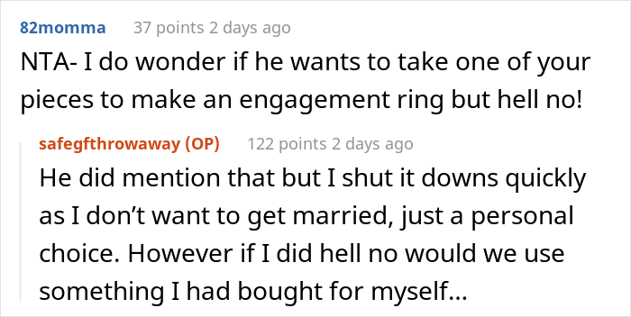 Woman Won't Give Her Boyfriend The Code To Her Gem-Filled Safe, Asks If She's In The Wrong Here After He Gets Mad