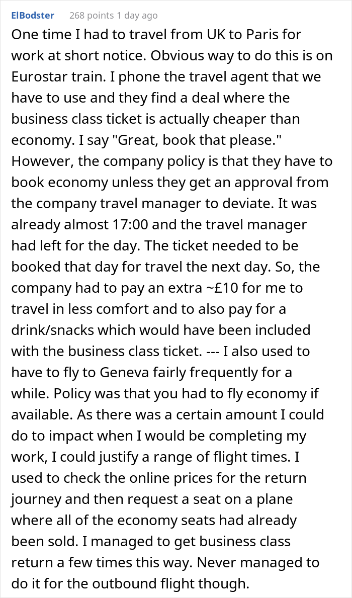 Guy Maliciously Complies After Company Demands He Take Economy-Class Plane Instead Of 1st-Class Train
