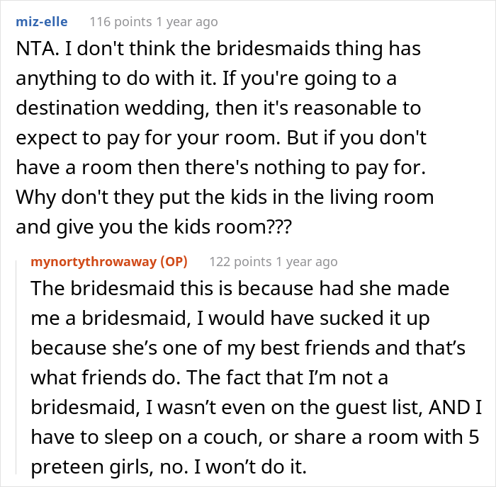 Woman Is Not Given Bridesmaid Duties And Has To Sleep On The Couch At Friend&rsquo;s Wedding So She Asks If She&rsquo;s Right For Not Wanting To Pay For Lodging