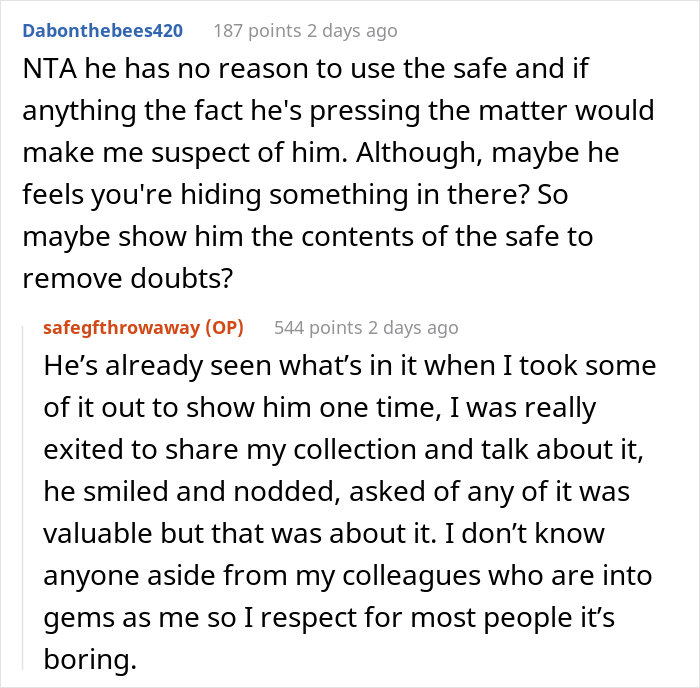 Woman Won't Give Her Boyfriend The Code To Her Gem-Filled Safe, Asks If She's In The Wrong Here After He Gets Mad