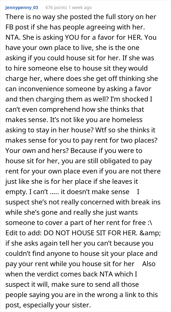 &ldquo;Am I A Jerk For Not Agreeing To Housesit For My Sister?&rdquo;