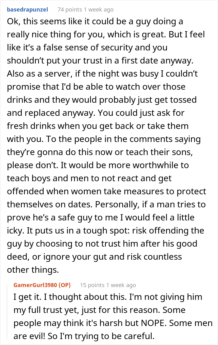 Woman Is Worried Her Drink Might Get Spiked On The First Date, Guy Surprises Her With A Thoughtful Gesture To Make Her Feel Safe With Him Woman Is Worried Her Drink Might Get Spiked On The First Date, Guy Surprises Her With A Thoughtful Gesture To Make Her Feel Safe With Him