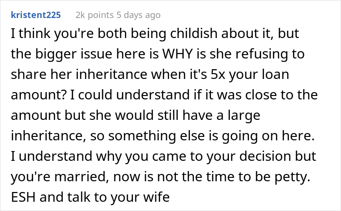Husband Said No To Wife’s Personal Expenses After She Got A Huge Inheritance, But Didn’t Want To Share It To Pay Off His Student Loans Husband Said No To Wife’s Personal Expenses After She Got A Huge Inheritance, But Didn’t Want To Share It To Pay Off His Student Loans