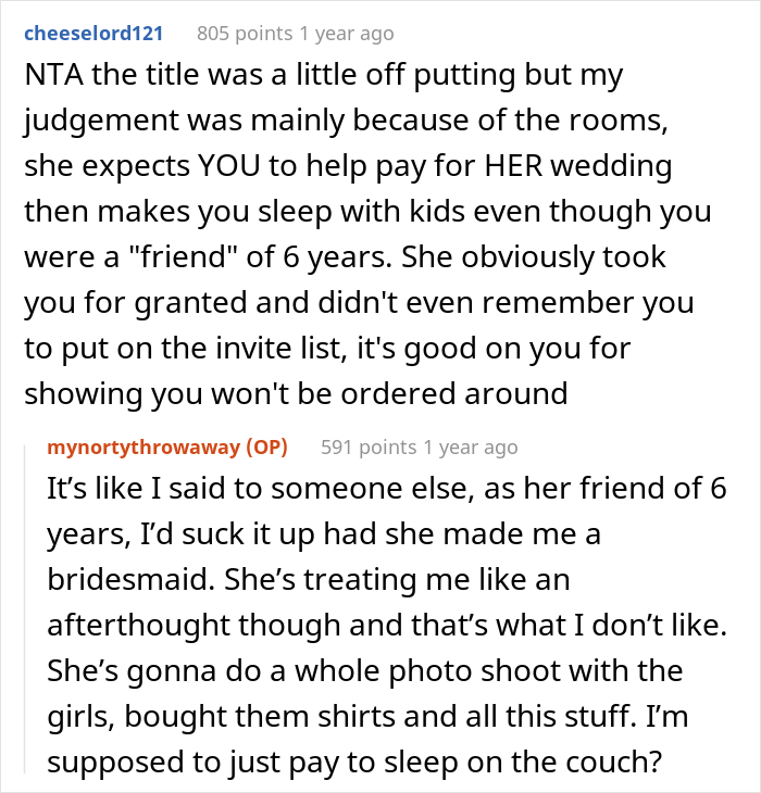 Woman Is Not Given Bridesmaid Duties And Has To Sleep On The Couch At Friend&rsquo;s Wedding So She Asks If She&rsquo;s Right For Not Wanting To Pay For Lodging