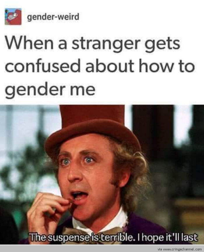 Meme of character pondering gender confusion, with a humorous caption referencing LGBTQ+ themes.