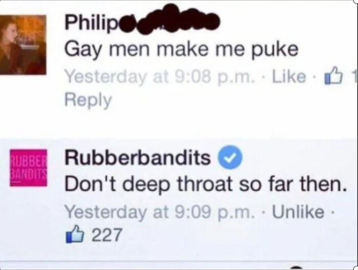 LGBTQ+ meme featuring a humorous exchange between two users about a comment on gay men.