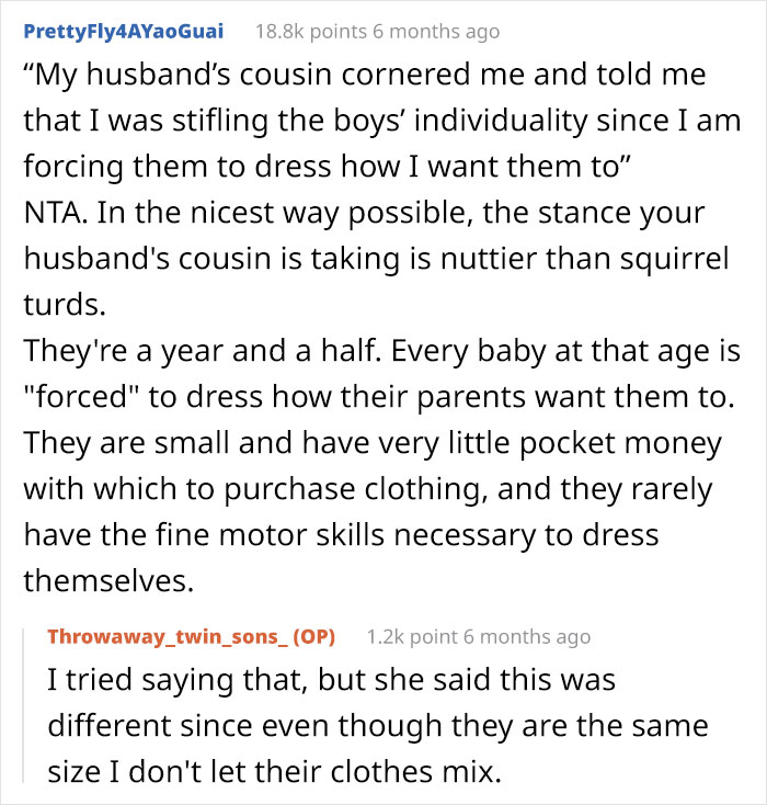 Mom Decided To Dress Her Twin Boys In Two Different Colors To Tell Them Apart, Cousin Goes "Ballistic" On Her