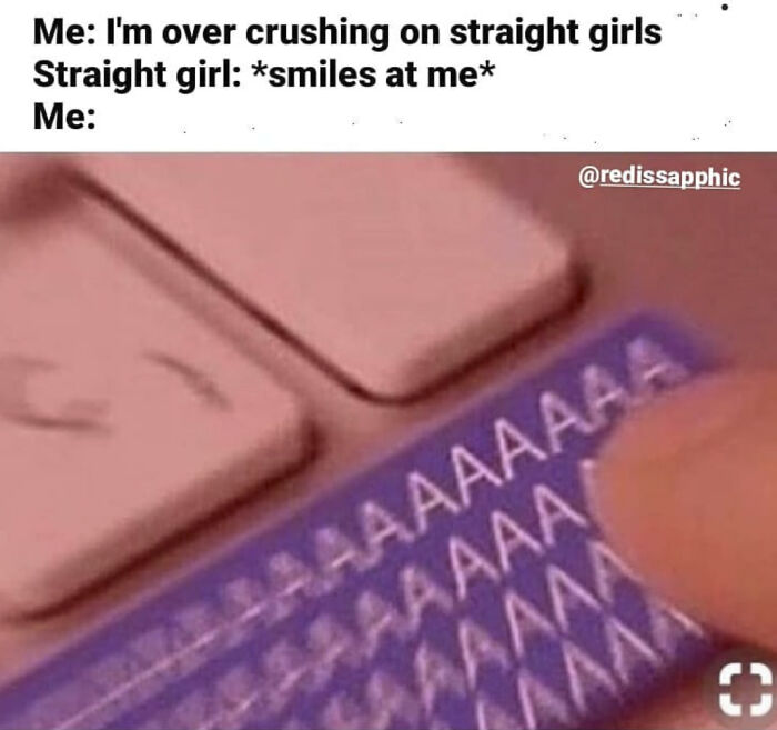 LGBTQ+ meme shows a person humorously panicking after a straight girl smiles at them.