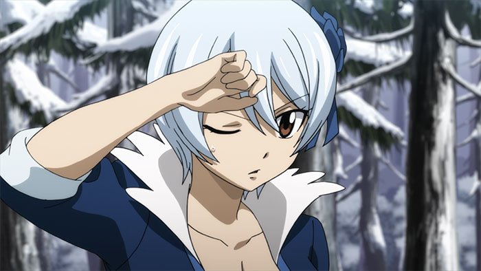 Female anime character with short blue hair stands in a snowy forest, wiping her brow.