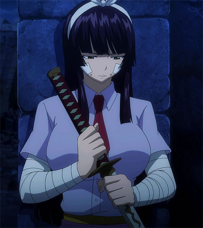 Female anime character with dark hair, wearing bandages and holding a sword, inside a dimly lit stone structure.