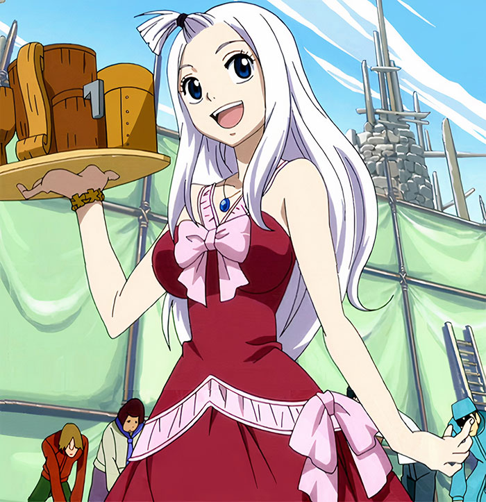 Smiling female anime character in a red dress holding a tray of mugs, set against a building backdrop.