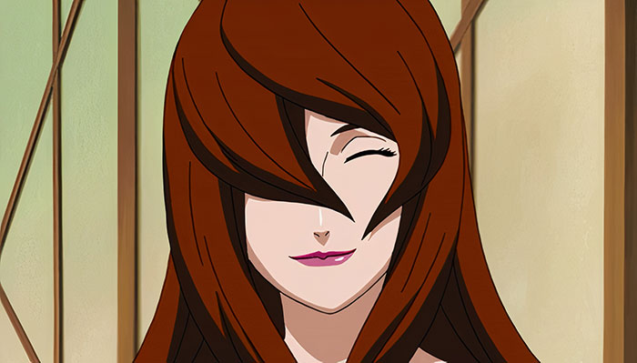 A female anime character with long red hair smiling with eyes closed.