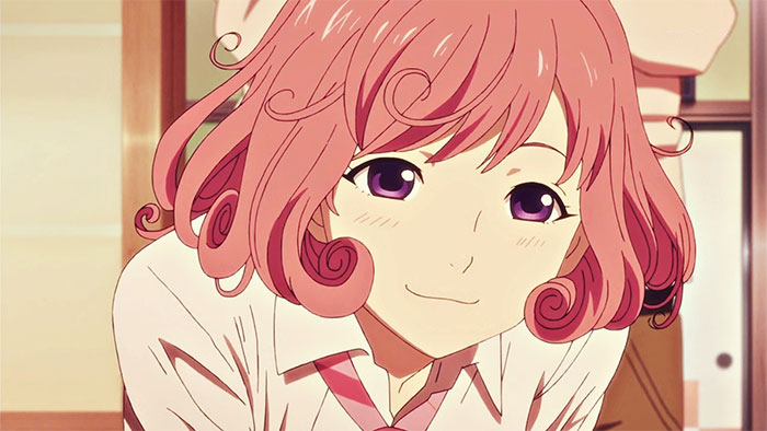 Smiling female anime character with pink hair and purple eyes, wearing a white shirt.