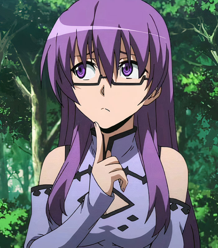 Purple-haired female anime character with glasses, thoughtful expression, set in a forest.