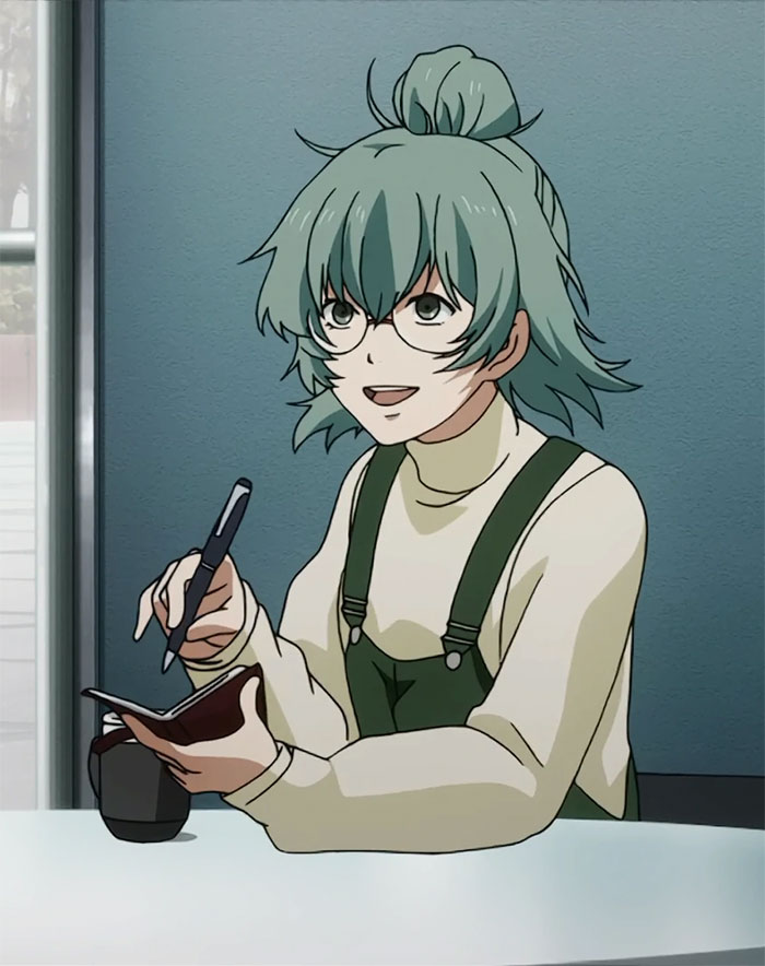 Anime character with green hair and glasses sketches, embodying favorite female anime characters according to fans.