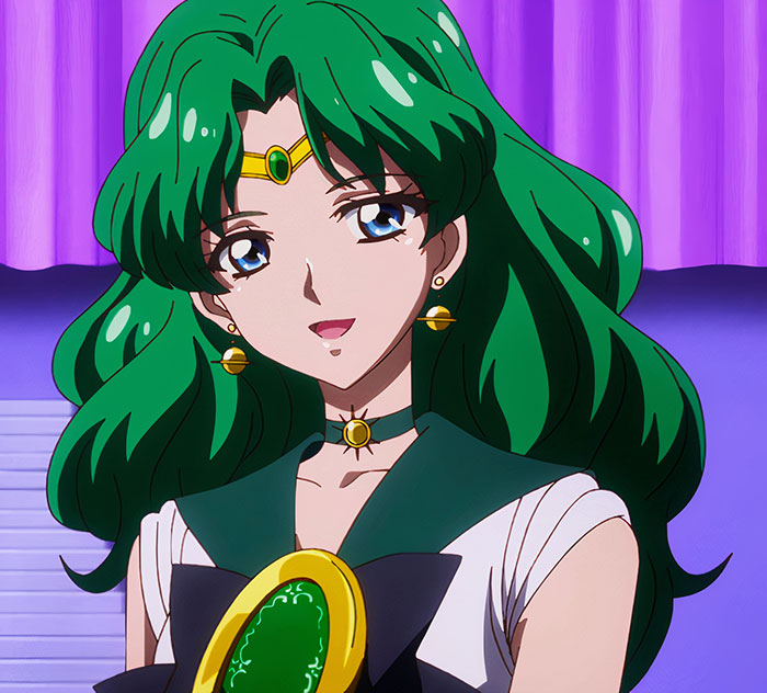 A female anime character with long green hair and green attire, set against a purple background.