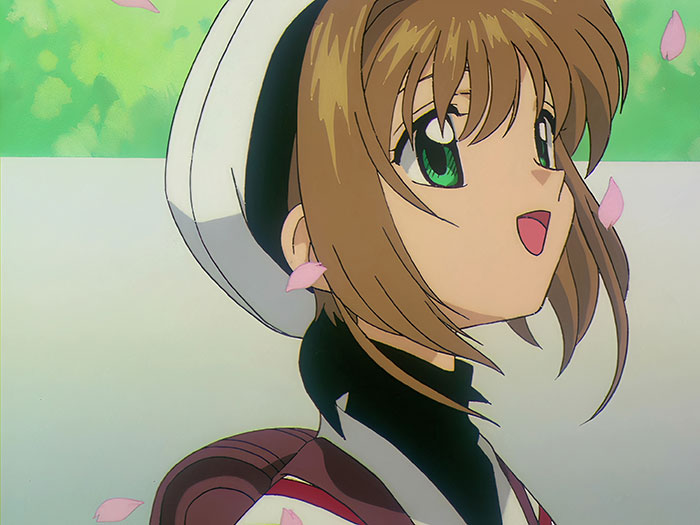 Anime female character with green eyes and brown hair, wearing a uniform, surrounded by falling cherry blossoms.
