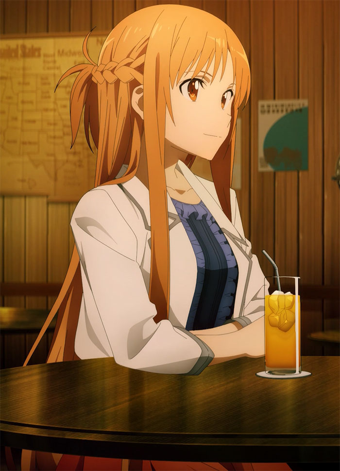 Female anime character with long orange hair in a café setting, sitting at a table with a glass of juice.