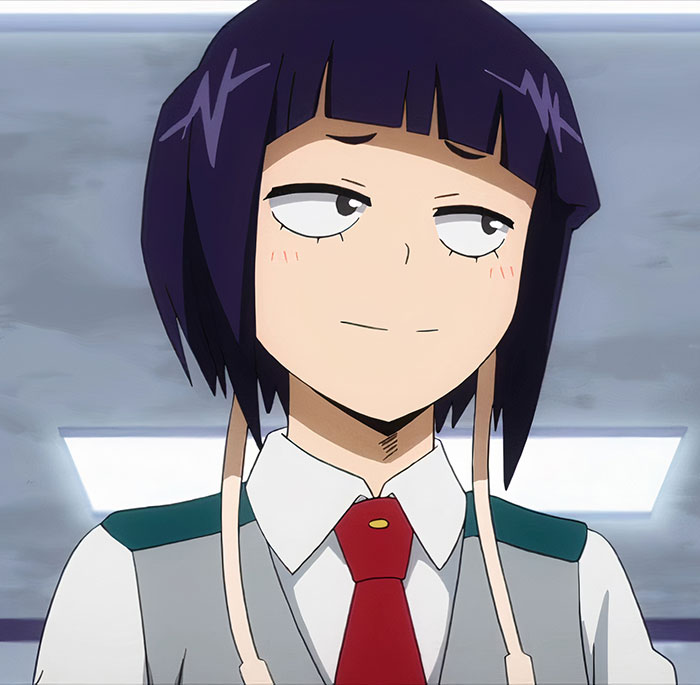 Female anime character with dark hair and school uniform, showcasing a confident expression in a classroom setting.