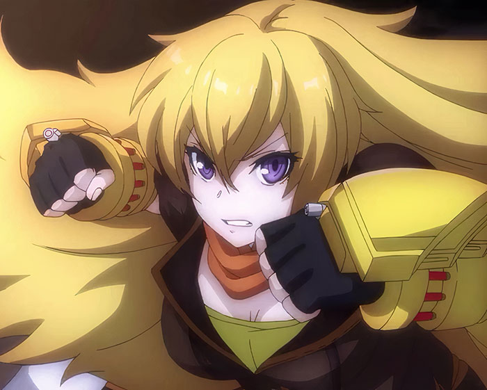 Blonde female anime character with purple eyes in action pose, wearing yellow armor, favored by fans.