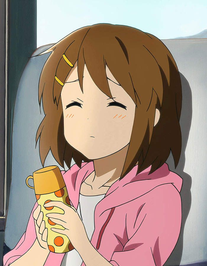 Anime character holding a bottle, wearing a pink hoodie, with closed eyes and a calm expression.