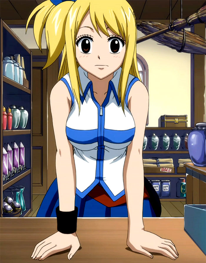 Blonde female anime character leaning on a table in a shop setting, blue and white outfit.
