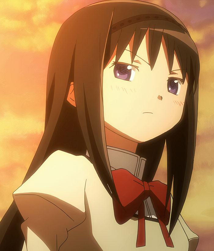 Anime character with long black hair and a serious expression against a sunset background.