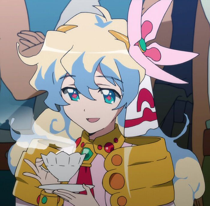 Female anime character with colorful hair holding a teacup, embodying all-time favorite traits according to fans.