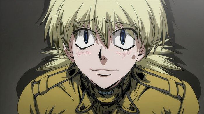 Smiling female anime character with blonde hair in a military-style outfit, popular among fans.